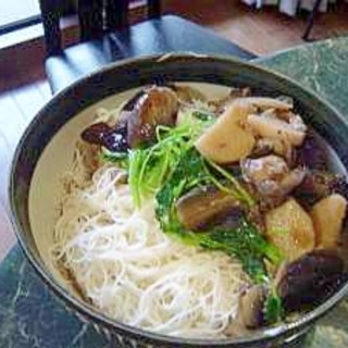 冷たい　柔らかナスの煮浸し素麺